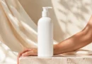 sérum corporal em frasco sem marca aplicado no braço sobre fundo claro e elegante
