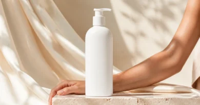 sérum corporal em frasco sem marca aplicado no braço sobre fundo claro e elegante