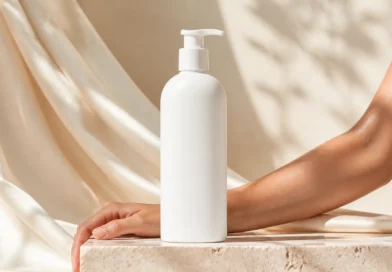 sérum corporal em frasco sem marca aplicado no braço sobre fundo claro e elegante
