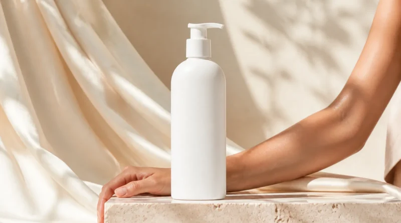sérum corporal em frasco sem marca aplicado no braço sobre fundo claro e elegante