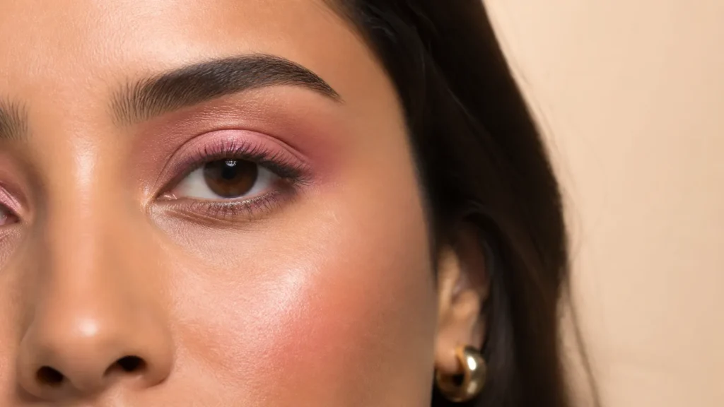 sombra rosa acetinada com brilho suave em maquiagem elegante