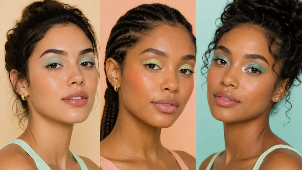 Sombra verde pastel: 15 ideias de maquiagem leve para a primavera três maquiagens com sombra verde pastel em tons menta, pistache e verde-água