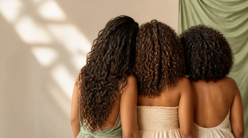 Diferentes tipos de cabelo cacheado representando as curvaturas 3A, 3B e 3C