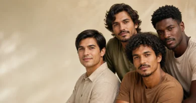 Homens brasileiros com cabelos lisos, ondulados, cacheados e crespos representando diferentes texturas capilares