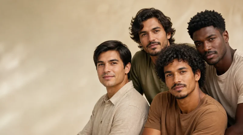 Homens brasileiros com cabelos lisos, ondulados, cacheados e crespos representando diferentes texturas capilares