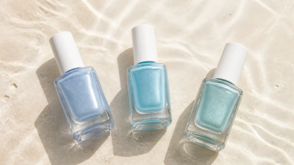 três esmaltes sem marca em tons de azul-gelo, azul-piscina e azul-esverdeado