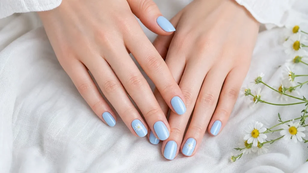 unhas azul-claro com flores brancas delicadas
