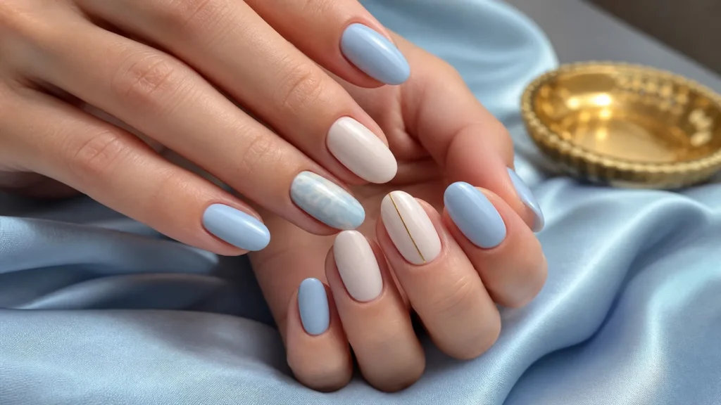 unhas azul-claro e brancas com detalhe dourado minimalista