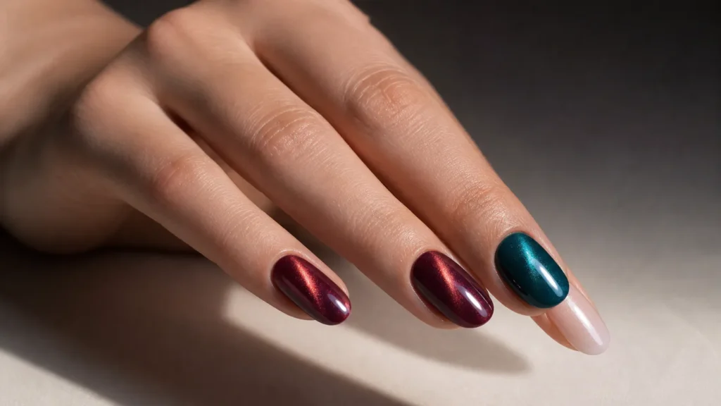 unhas cat eye em vinho e verde com acabamento glazed perolado