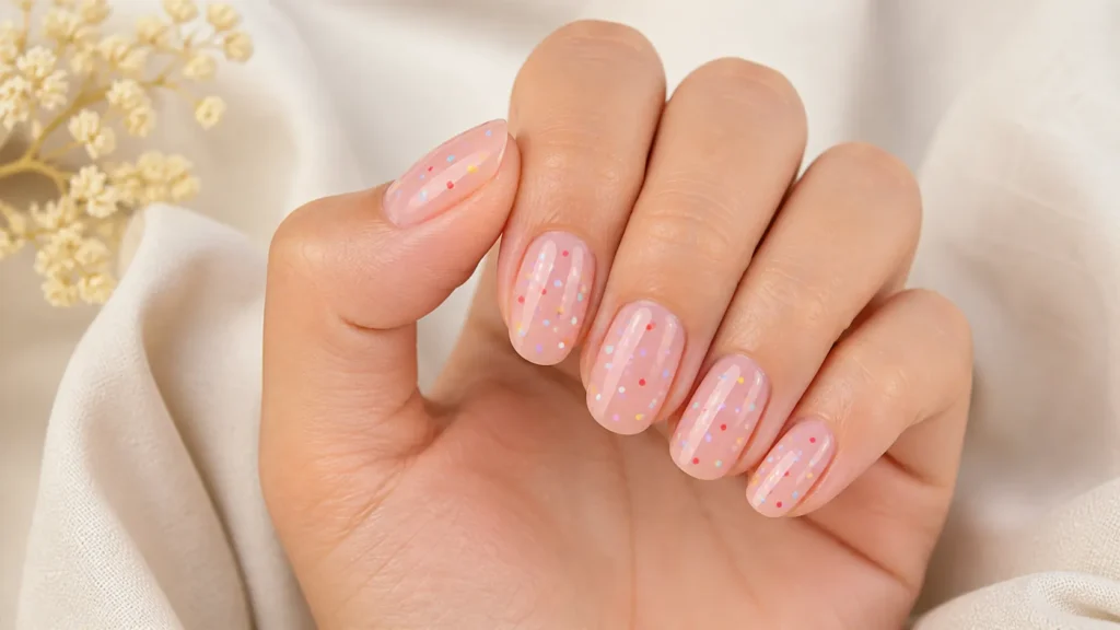 unhas com bolinhas coloridas em tons pastel sobre base rosa translúcida