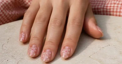unhas com bolinhas delicadas em tons de rosa, branco e vermelho