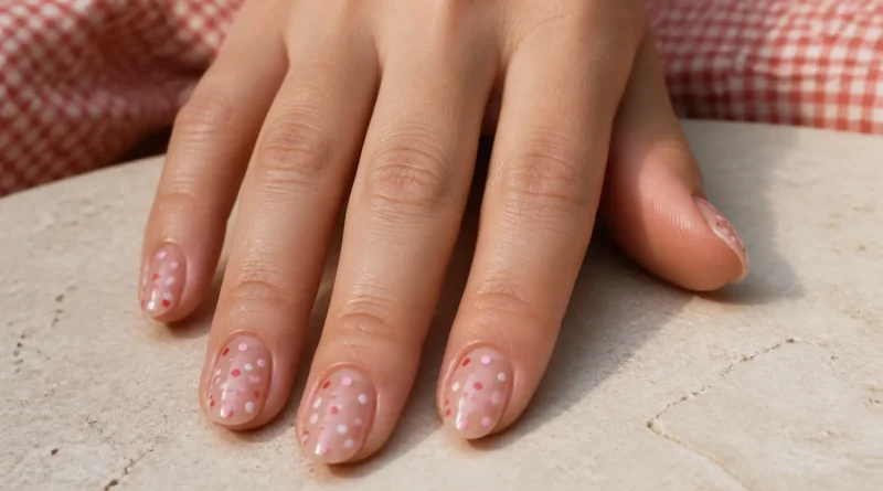unhas com bolinhas delicadas em tons de rosa, branco e vermelho