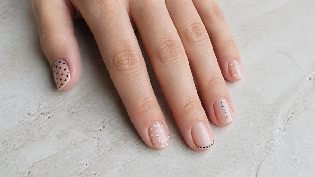 unhas com bolinhas minimalistas em base nude com detalhes pretos e brancos