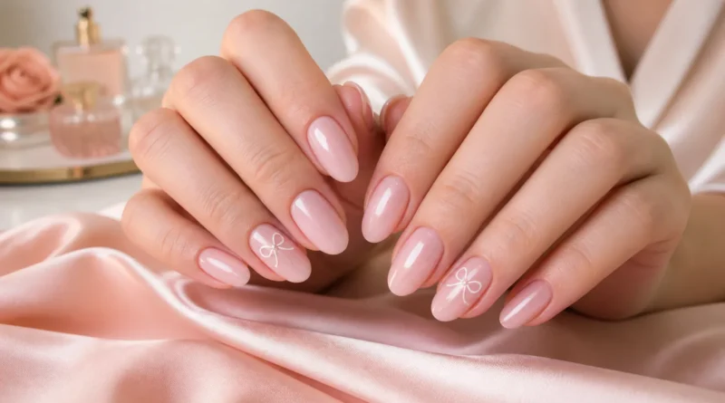 unhas com laço delicadas em estilo coquette