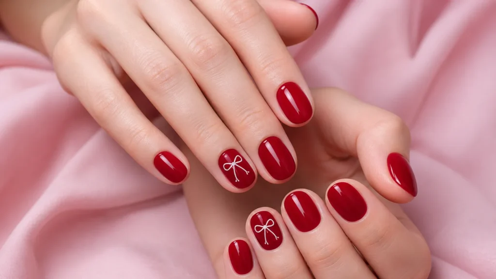 unhas vermelho-cereja com pequenos laços brancos