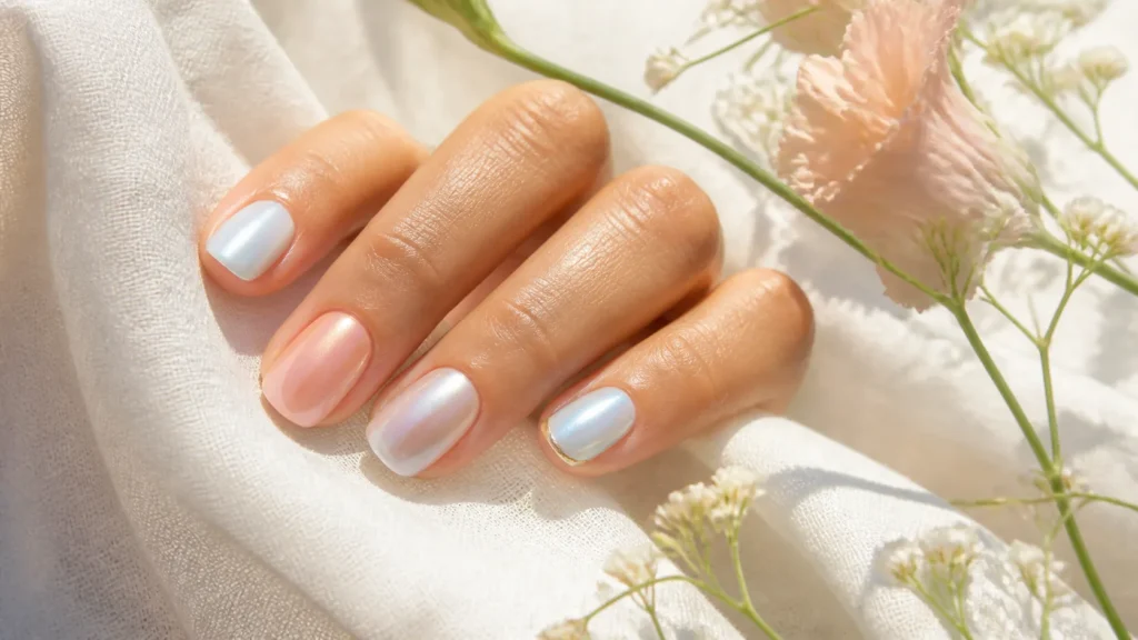 unhas cromadas delicadas em azul-claro, pêssego e dourado