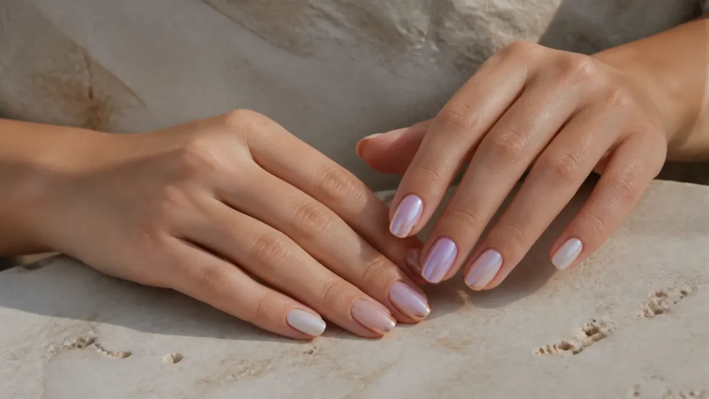 unhas cromadas delicadas em branco perolado, lavanda e rosé