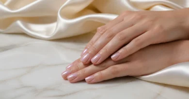 unhas cromadas delicadas em rosa translúcido com brilho perolado