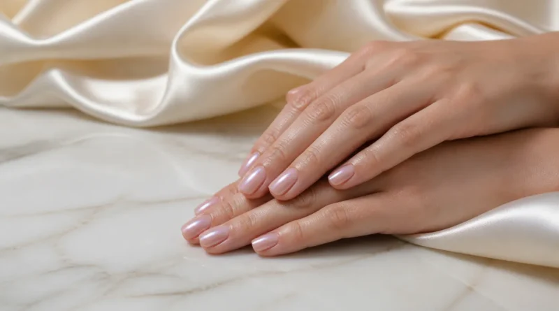 unhas cromadas delicadas em rosa translúcido com brilho perolado