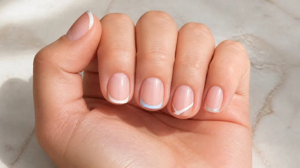 unhas curtas decoradas com francesinha branca, azul e glitter
