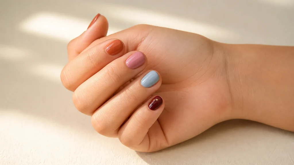 unhas curtas decoradas coloridas em tons de rosa, azul, vinho e terracota