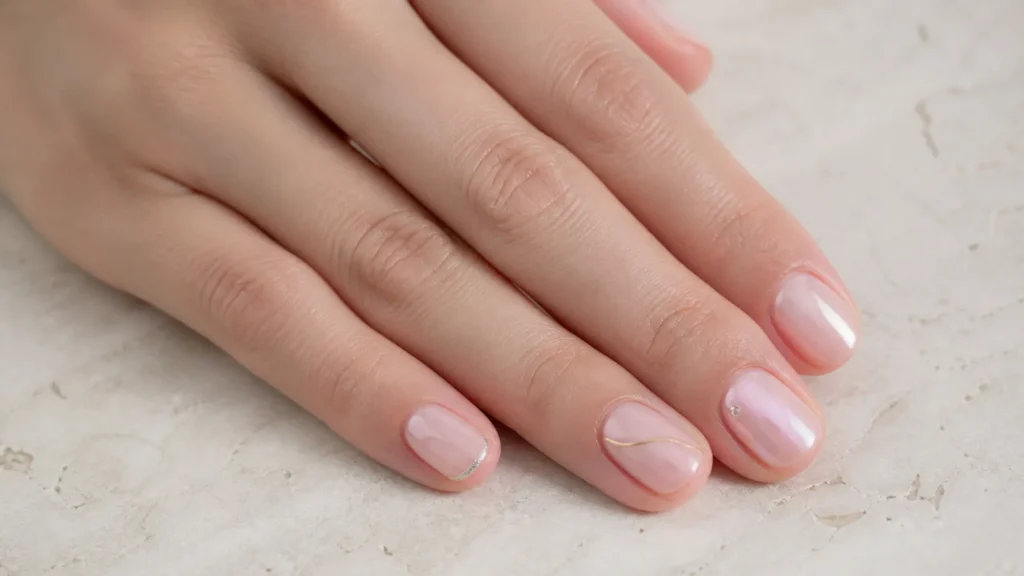 unhas curtas decoradas elegantes com brilho, dourado e acabamento perolado