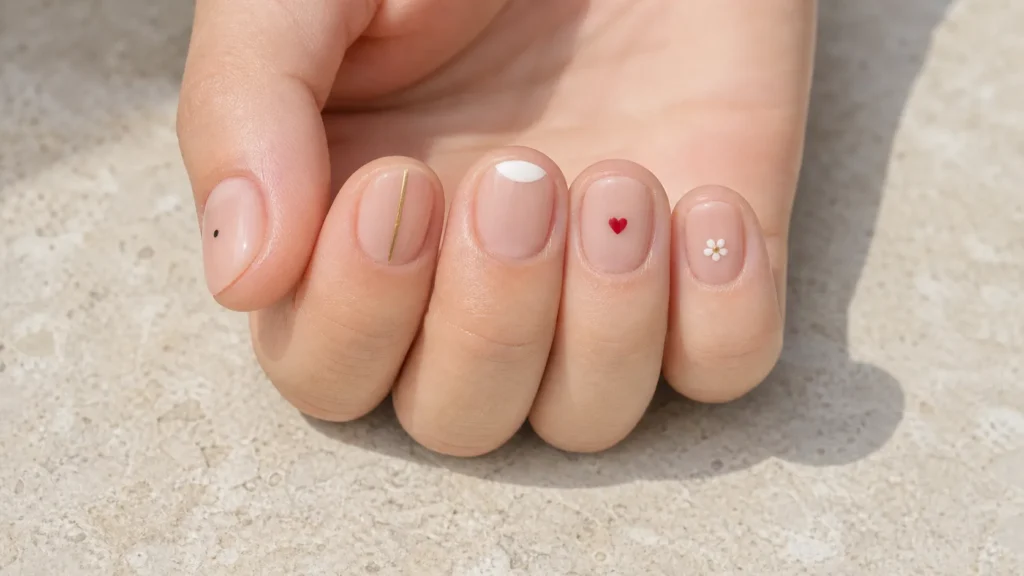 unhas curtas decoradas minimalistas com pontos, linha, coração e flor