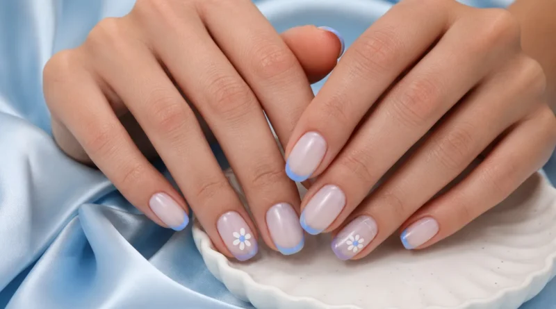 unhas decoradas azul-claro e branco com francesinha e flores delicadas