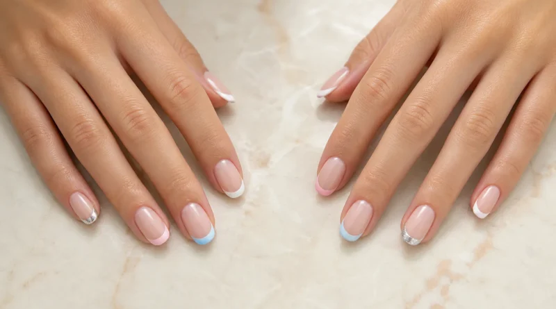 unhas decoradas em francesinha com pontas brancas, rosas, azuis e com brilho