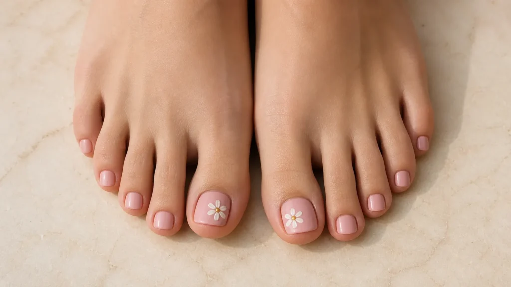 unhas dos pés decoradas com flores brancas no dedão