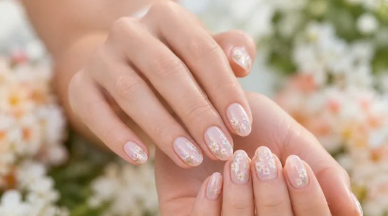 unhas florais minimalistas em base nude com flores pequenas e delicadas