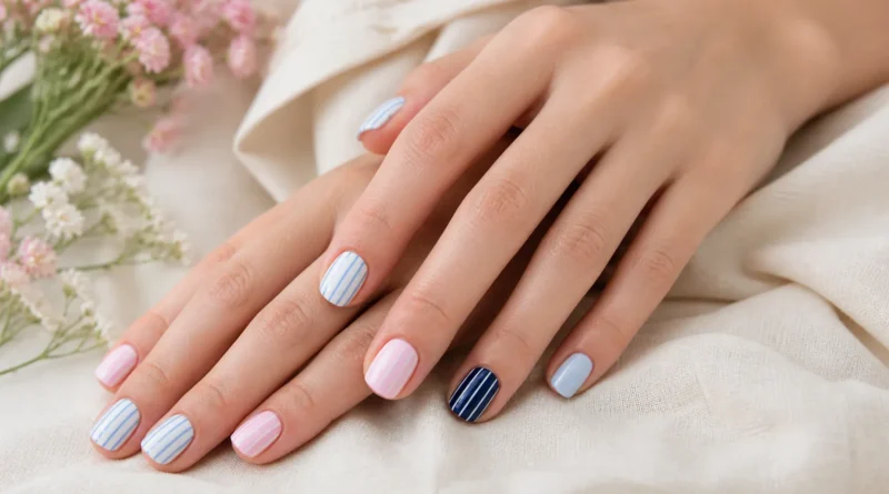 unhas listradas delicadas em rosa, azul-claro e branco com acabamento elegante