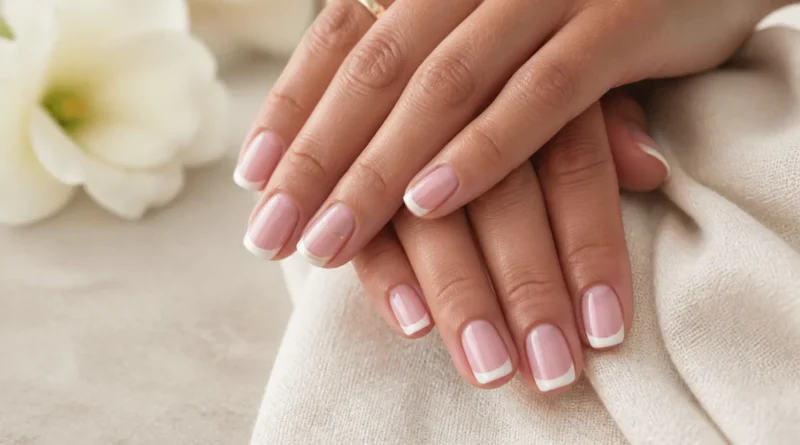 unhas minimalistas elegantes com rosa leitoso e francesinha fina
