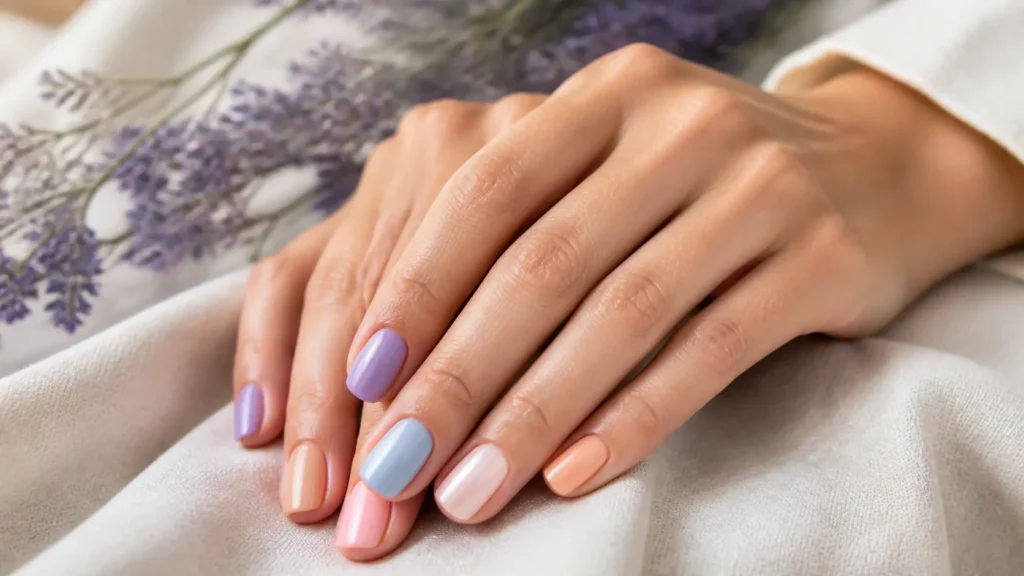unhas minimalistas em lavanda, azul-claro, pêssego e branco perolado