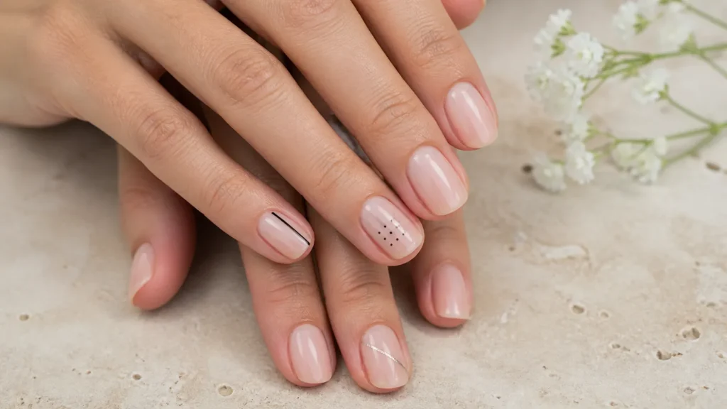 unhas minimalistas com linhas finas e microbolinhas