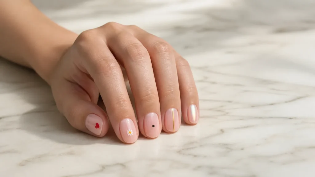 unhas minimalistas com coração margarida ponto preto e linha dourada