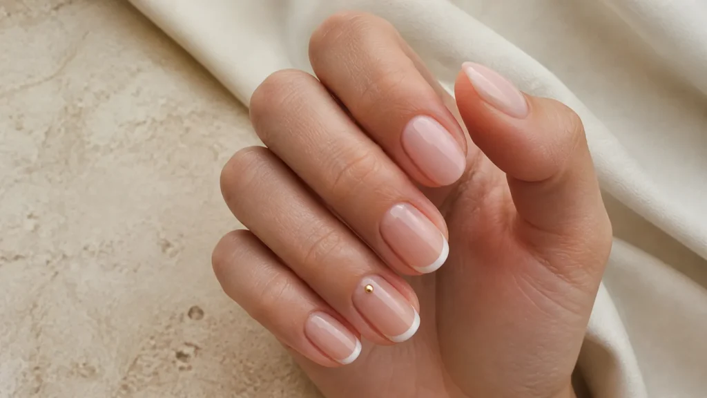 unhas minimalistas com rosa leitoso, francesinha fina e detalhe dourado