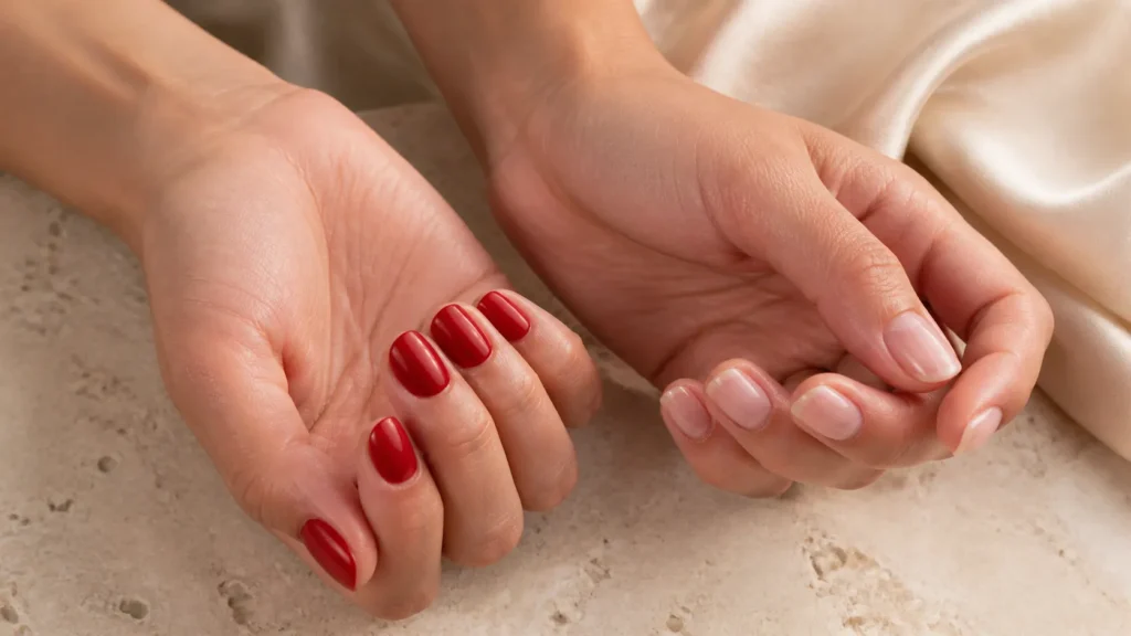 unhas minimalistas em vermelho-cereja e acabamento natural brilhante