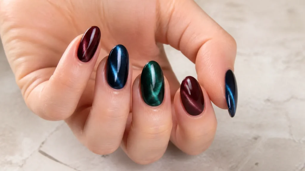 unhas olho de gato em tons vinho azul e verde
