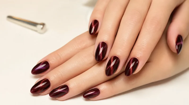 unhas olho de gato em tom vinho com efeito magnético