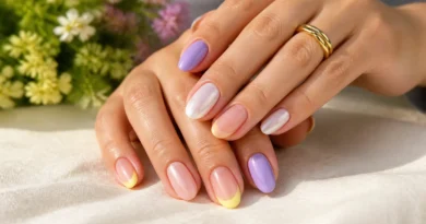 unhas para primavera com esmaltes lavanda, pêssego e francesinha amarelo-manteiga