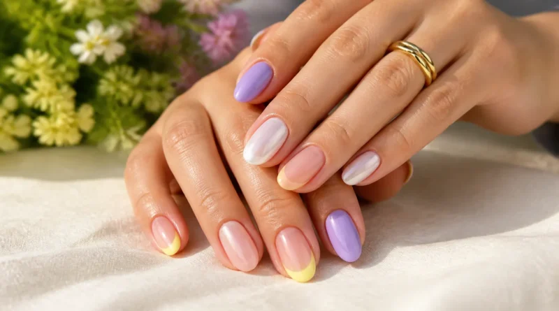 unhas para primavera com esmaltes lavanda, pêssego e francesinha amarelo-manteiga