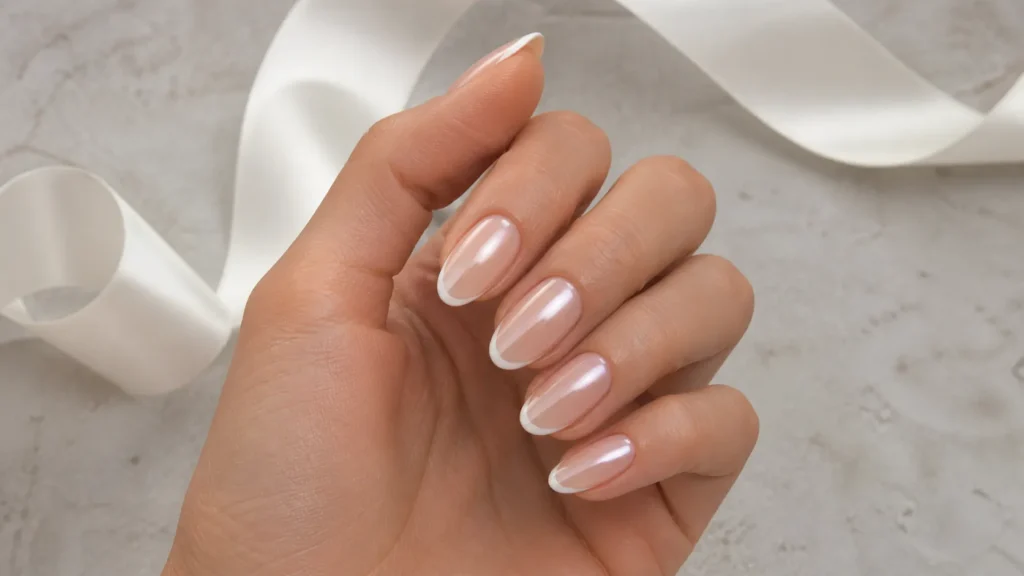unhas peroladas com francesinha branca fina e acabamento luminoso