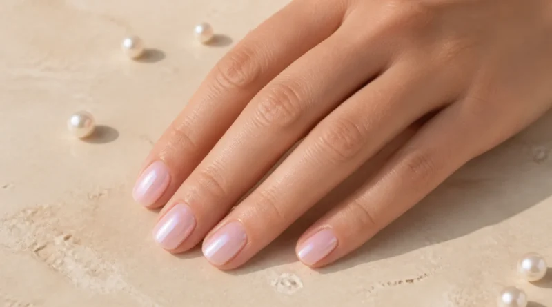 unhas peroladas em tom rosa claro com brilho suave e acabamento elegante