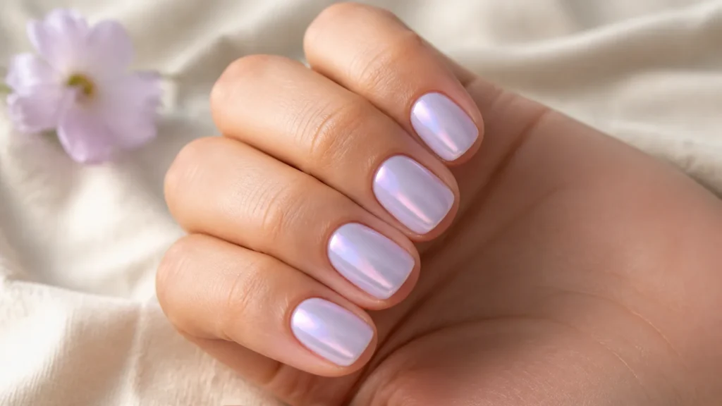 unhas peroladas lavanda com reflexo rosa e azul suave