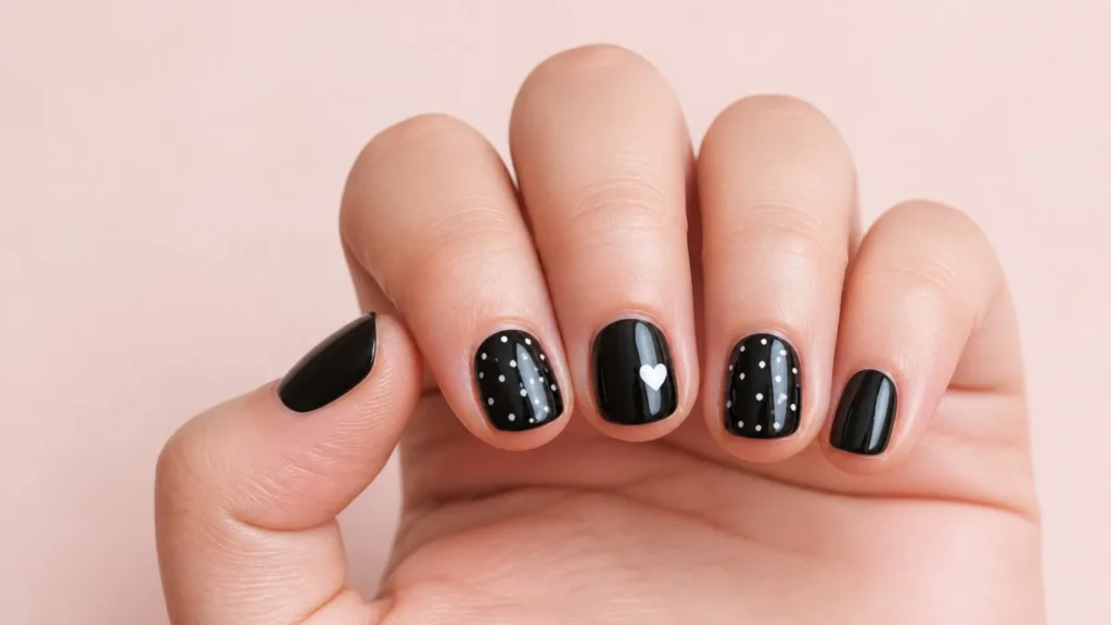 unhas pretas curtas com bolinhas brancas e coração delicado