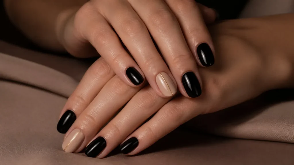 unhas pretas decoradas com detalhe dourado minimalista