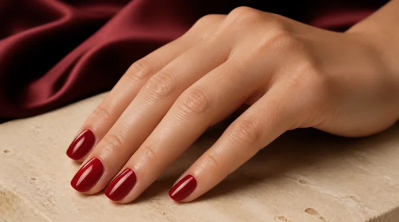 unhas vermelho-cereja brilhantes em manicure elegante e sofisticada