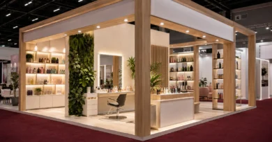 estande contemporâneo de feira de beleza com prateleiras de cosméticos sem marca, plantas e iluminação quente
