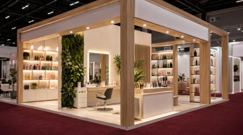 estande contemporâneo de feira de beleza com prateleiras de cosméticos sem marca, plantas e iluminação quente